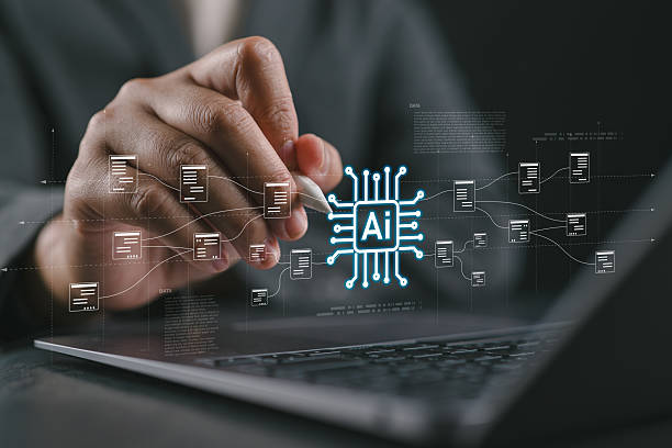istock Businessman writing at AI microchip with data flow diagrams, symbolizing artificial intelligence, machine learning, and advanced technology for digital innovation and automation solutions. 2244548022