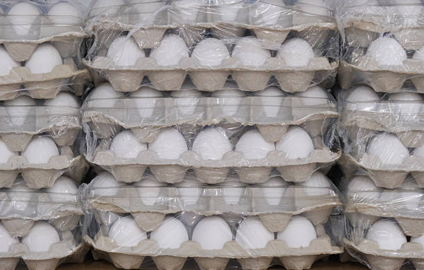 istock Chicken eggs in cartons on a store shelf 2244558104