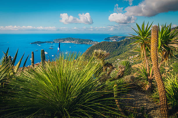 Great panorama view with azure blue Mediterranean Sea from the stunning botanical garden of Eze, Provence Alpes Cote d Azur, France, Europe