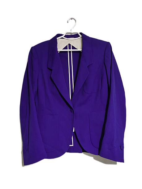 istock Purple tailored jacket on hanger isolated on white background. Violet woman's one button blazer with turndown collar. Stylish elegant clothes, casual ladieswear, business costume, Italian fashion. 2244569044
