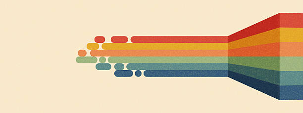 Rainbow perspective graphic background. Textured faded parallel stripes in groovy colors. Effect of a volumetric wall. Modern pop art print or classic 3D poster cover.