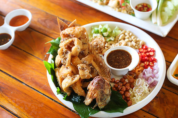Miang fried tilapia fish and many sauce, is a Thai food