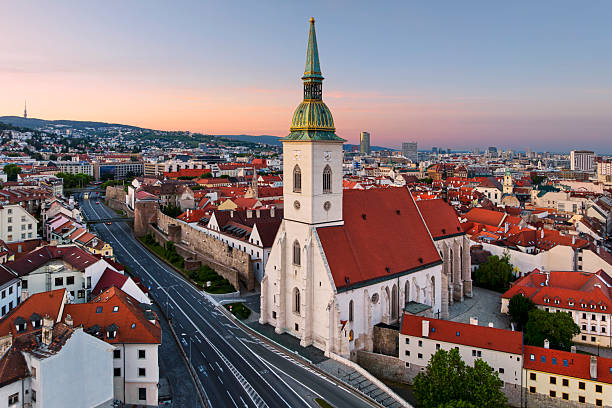 Aerial view of the historic center of the capital of Slovakia - Bratislava with the dominant St. Martin's Cathedral shortly after sunset
