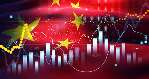 istock Chinese economic data analytics concept with flag and fluctuating financial charts in double exposure style on red digital background. 3D Rendering 2244586763