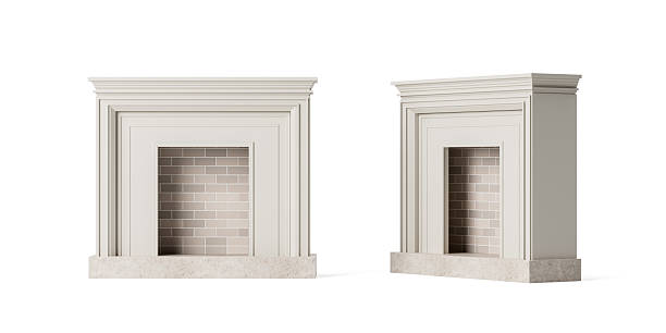 istock Classic stone fireplace with beige brick interior from front and side views on white background. 3D Rendering concept for home design visualization. 3D Rendering 2244586803