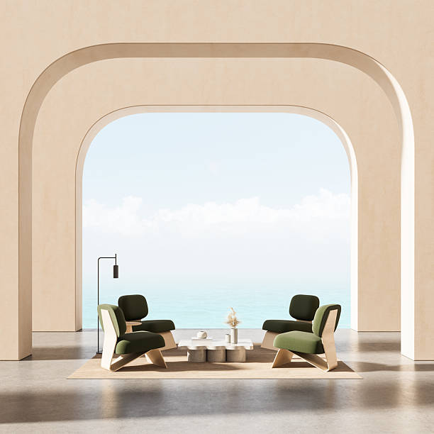 Elegant modern interior with arched architecture, minimalist green chairs, and coffee table in open lounge style, ocean view background. 3D Rendering