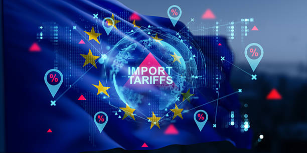 istock European import tariffs concept with data hologram and percentage icons over EU flag background representing economic trade regulations impact. 3D Rendering 2244586937