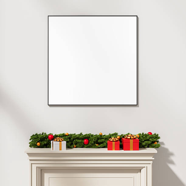 istock Framed blank square mockup poster on wall above decorated mantle with Christmas tree garland and gift boxes for New Year or Xmas celebration concept. 3D Rendering 2244587359