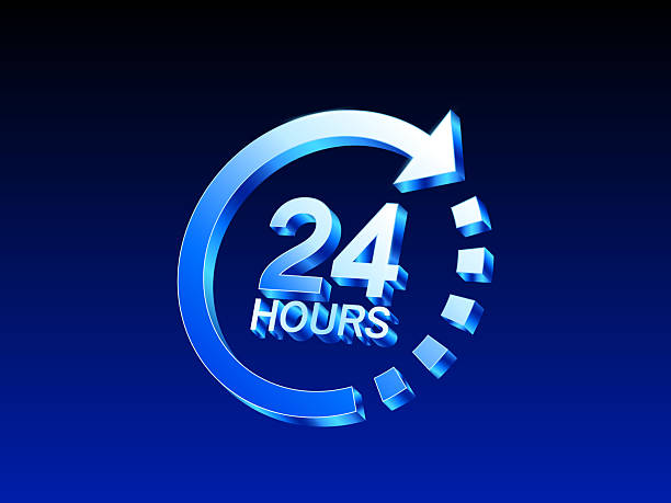 istock 3D blue vector illustration of a 24 hours circular arrow icon representing nonstop service, support, or availability. 3d vector illustration 2244589365