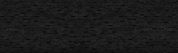 istock Black shabby brick wall wide panoramic texture. Dark rough brickwork backdrop panorama. Abstract gloomy grunge wallpaper background 2244594102