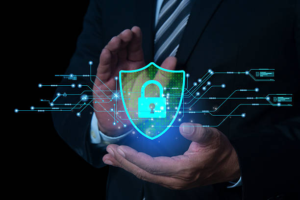 istock Businessman holding protection data shield icon, Protection network security computer in the hands. Shield Internet protected from hacker attacks, privacy network 2244599086