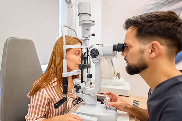 istock Male doctor examining young female patient's eyes using slit lamp light during vision checkup at ophthalmology clinic 2244601246