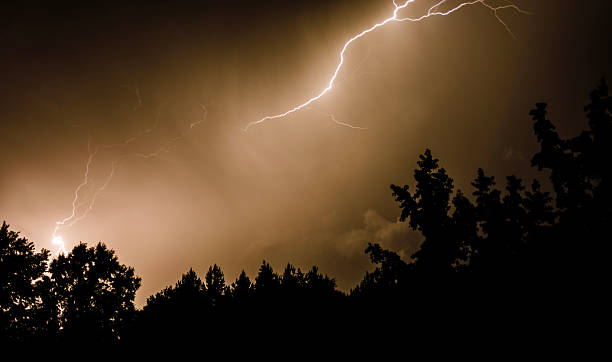 istock Ominious lightning strike that landed behind trees at night 2244601589