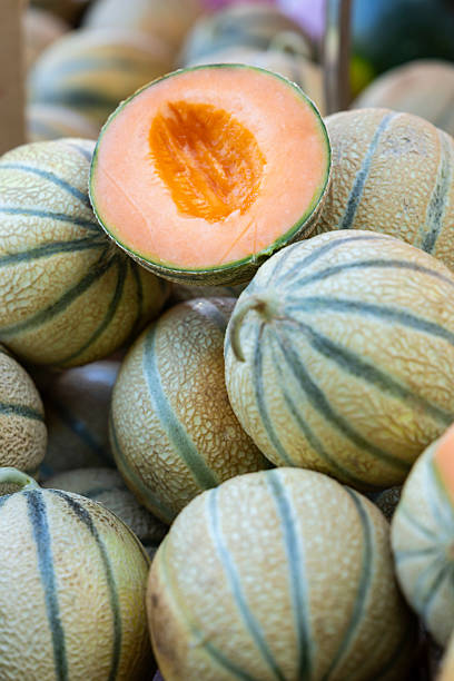 Ripe cantaloupe melon cut open at Nyons market