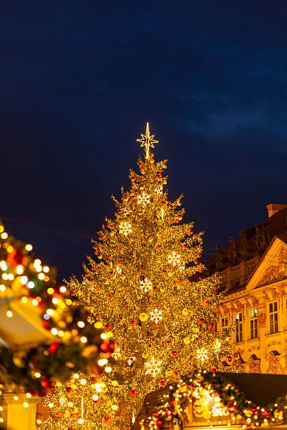 istock Christmas tree glowing with festive lights at night 2244605626