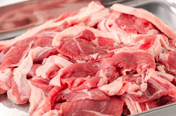 Fresh Raw Lamb Slices on Stainless Tray with White Background