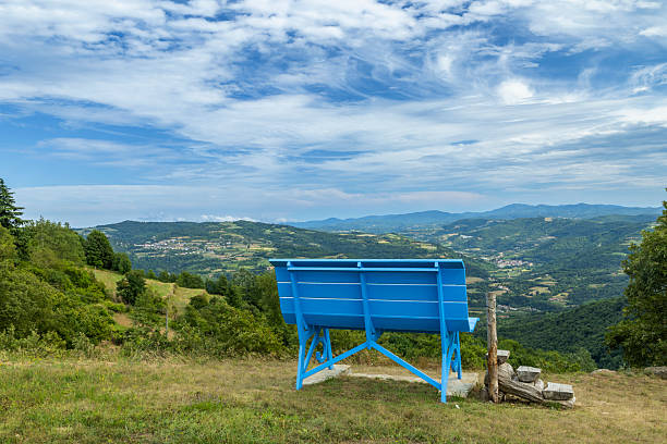 Giant blue bench offering scenic view of Piedmont hills and countryside under a cloudy sky