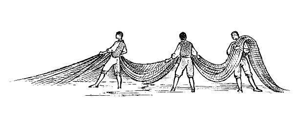 Fishery in Greece. Men with fishing nets. Hand drawn engraved vintage sketch for poster, banner or website