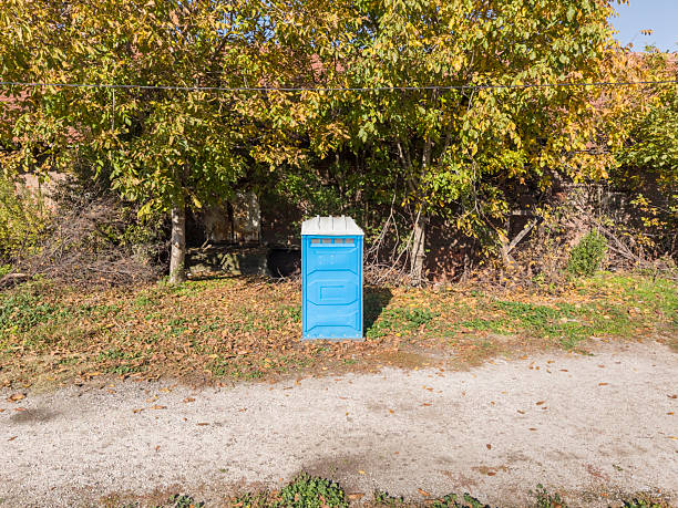 Blue portable toilet with male female gender symbol and recycling sign standing in natural outdoor area, public sanitation facility concept