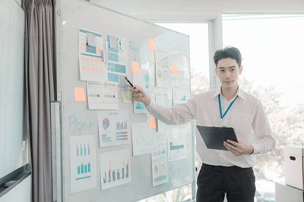 istock Young Asian businessman working with whiteboard in office, pointing at graph on whiteboard to present to manager in conference room, business concept. 2244615895