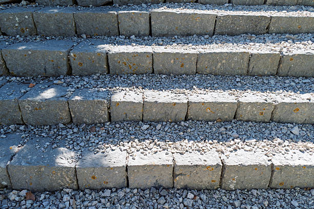 istock Granite stone steps with gravel in sunlight 2244616216