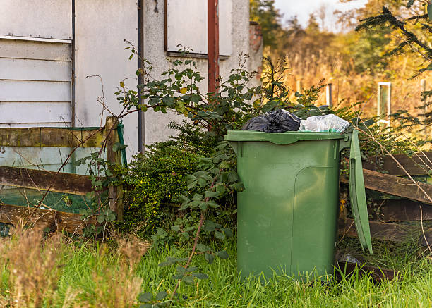 Green wheelie bin with an open lid and overflowing rubbish bags stands in an overgrown garden beside an old wooden fence and building wall. The image suggests waste management, neglect, recycling, or environmental issues in a rural or suburban setting
