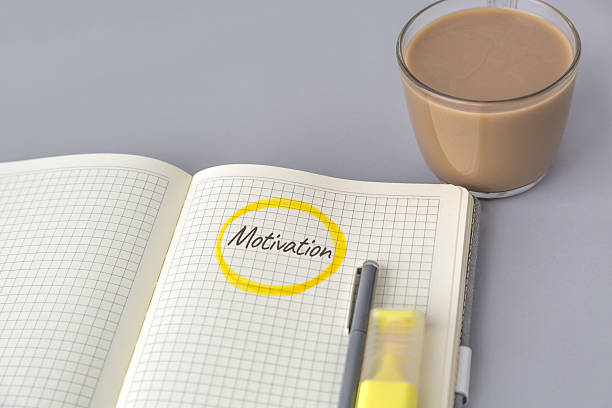 istock Open notebook with the handwritten word Motivation circled in yellow, next to a pen, highlighter, and a cup of coffee on a gray surface, symbolizing inspiration, focus, and personal growth concept 2244621157