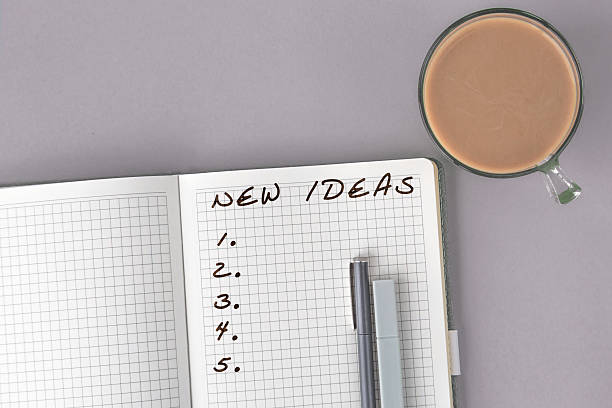 istock Open notebook with grid pages and handwritten title New Ideas beside two pens and a cup of coffee on a gray background, representing creativity, planning, and innovation concept in workspace 2244622400