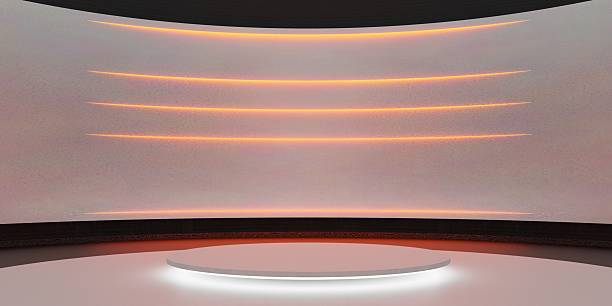 istock Modern showroom, circular stage and neon lights, technology background, 3D illustration 2244626725