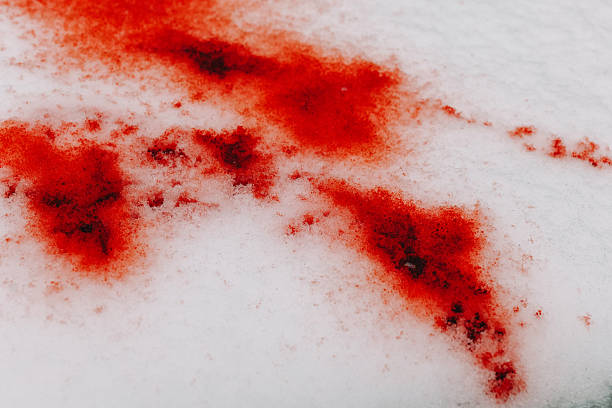 istock Red blood wallpaper.A red stain on a snowy ground. 2244631577