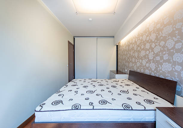 istock Minimalist Home Bedroom Interior with Floral Wall Design and Spacious Bed Surface 2244631871