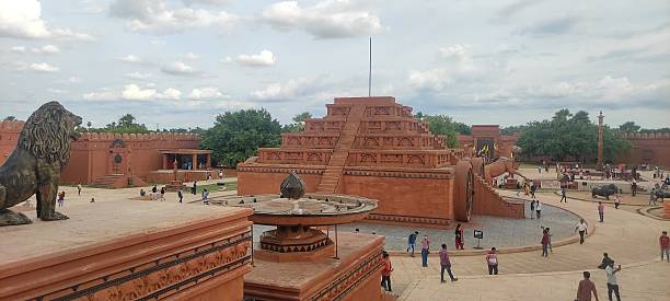 This photo captures a bustling scene at an ancient temple complex