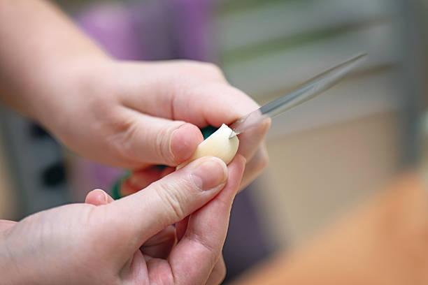 istock Female hands using a vintage knife to slice a garlic bulb into strips for cooking, ideal for culinary blogs and recipe tutorials 2244637622