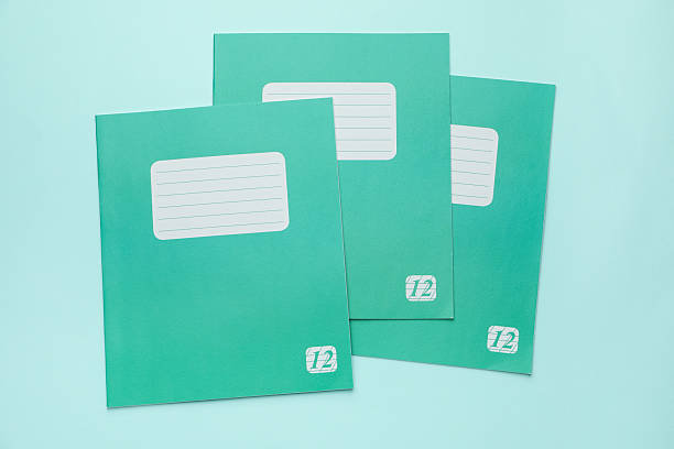 Colorful copybooks on light blue background, flat lay. School stationery