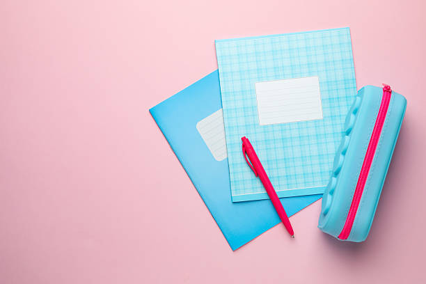 istock Copybooks, pen and pencil case on pink background, flat lay. Space for text 2244642712
