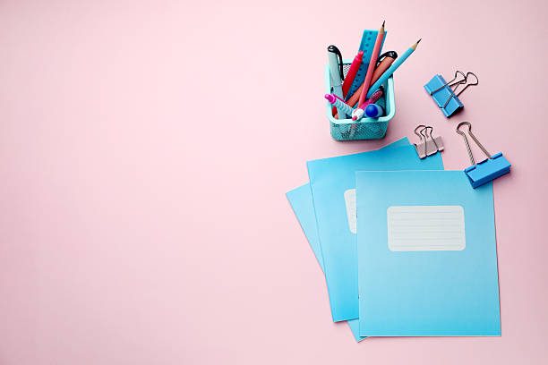 istock Copybooks and other school stationery on pink background, flat lay. Space for text 2244642730