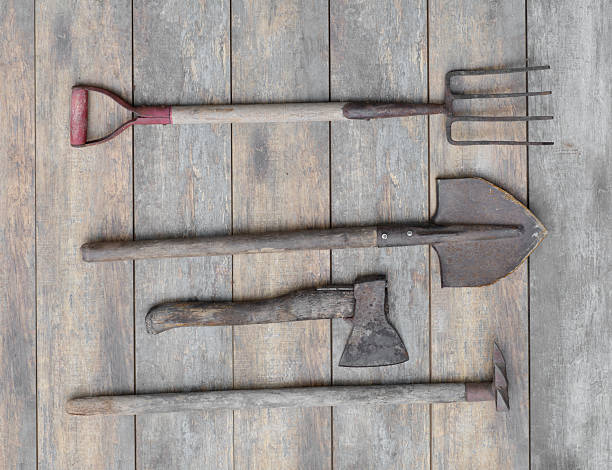 istock Village gardening tools, shovel, pitchfork on a wooden background 2244644749
