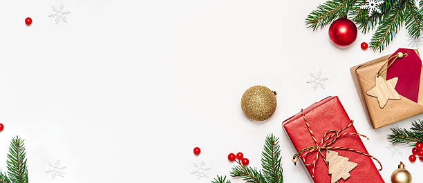 istock Flat lay eco Christmas gifts with pine branches, copy space 2244644777