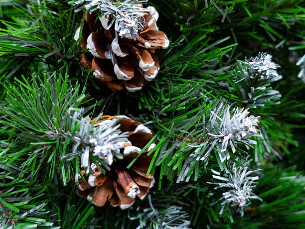 istock Bright green artificial tree with decorated pinecones and snowy accents during a festive winter setting 2244646285