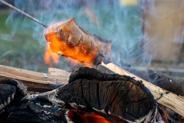 Grilled bacon over campfire smoke outdoors