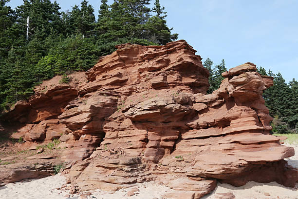 Red sandstone cliffs and caves of Prince Edward Island National Park with its sandy beaches and coastal landscapes.