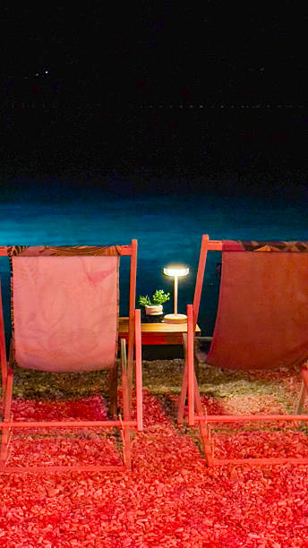 istock Two chairs, a table, a lamp and a flower on the beach at night 2244652516