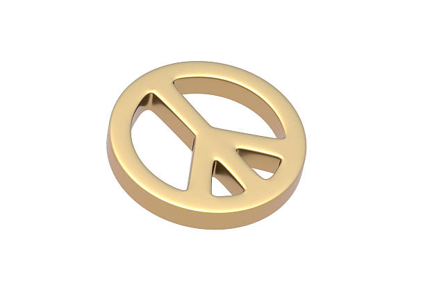 Golden peace sign isolated on white background. Anti war symbol. 3d render
