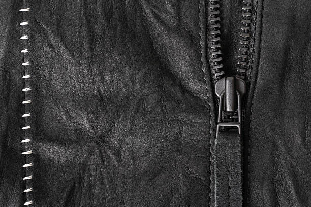 istock Zip with a tab on a black suede jacket with white contrasting seams 2244657598