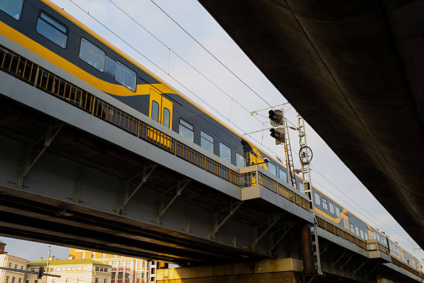 istock Electric commuter train on steel viaduct in Riga with overhead power lines and structural bridge details showing Latvia public transport infrastructure and urban engineering design 2244658182