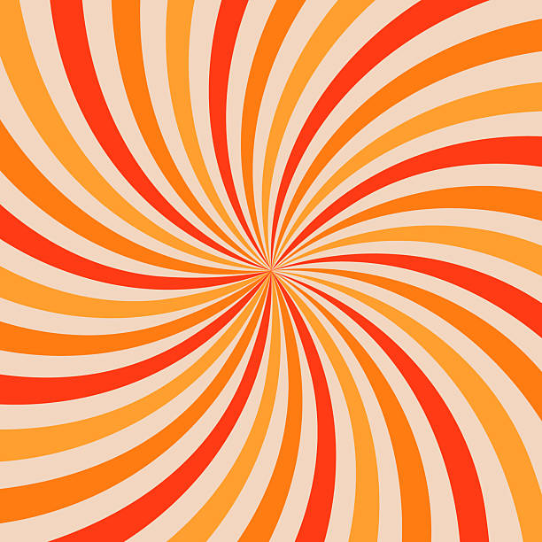 Orange, red and beige swirl groovy starburst background. Retro twisted rays pattern with vintage psychedelic vibe. Abstract dynamic spiral design for posters, banners, wallpapers. Vector illustration.