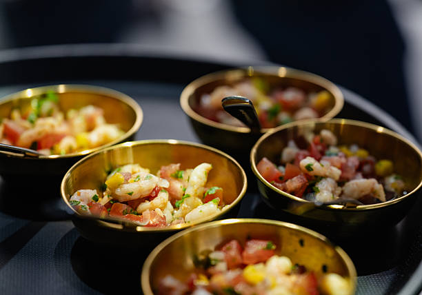 Gourmet Tapas Bowls With Fresh Diced Tomatoes, Pineapple And Herbs On Golden Serving Tray