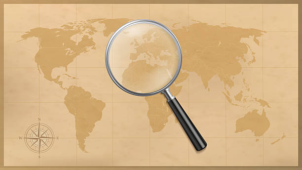 istock Vintage world map with compass and magnifying glass. Retro geography background for travel, discovery, exploration, navigation, and education. Vector illustration 2244663741