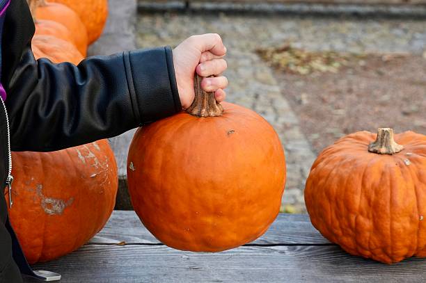 A child’s hand grips the stem of a medium-sized pumpkin. The pumpkin is round and orange, resting on a wooden surface. Surrounding it are other similar pumpkins. The child wears a black jacket, and the background shows a paved area with scattered autumn leaves. The setting suggests an outdoor location, possibly a pumpkin patch or market.