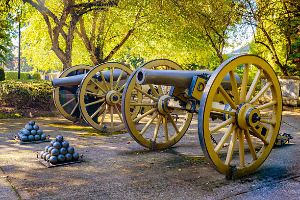 A collection of vintage artillery cannons displayed outdoors at the historic Fort Vancouver National Site in Washington.